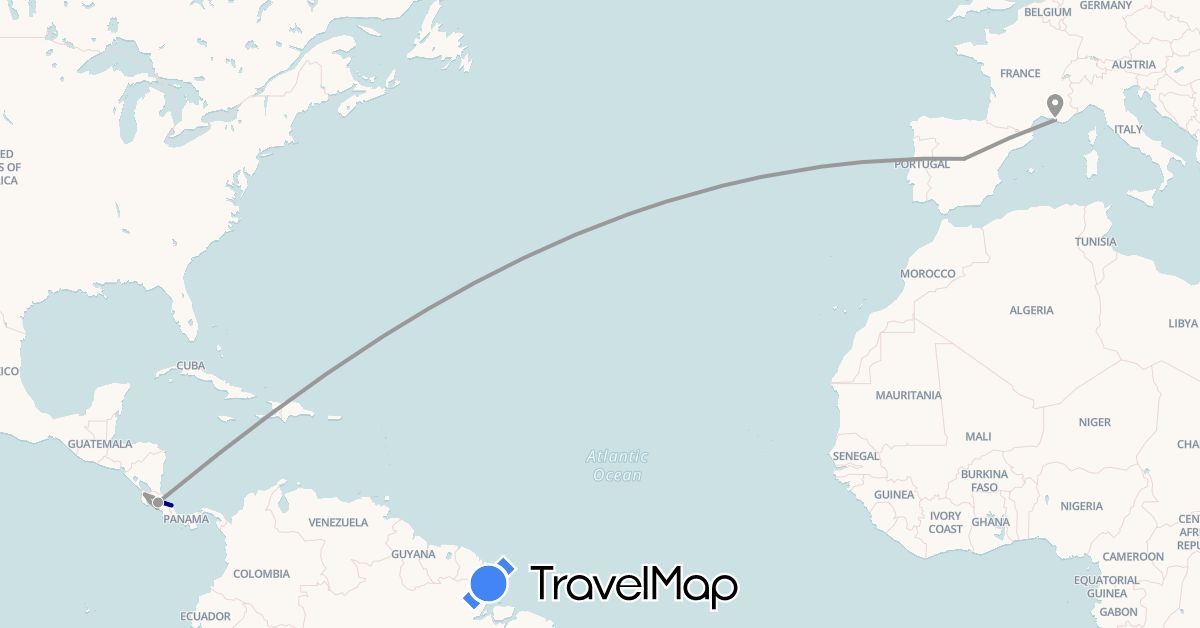 TravelMap itinerary: driving, plane in Costa Rica, Spain, France (Europe, North America)